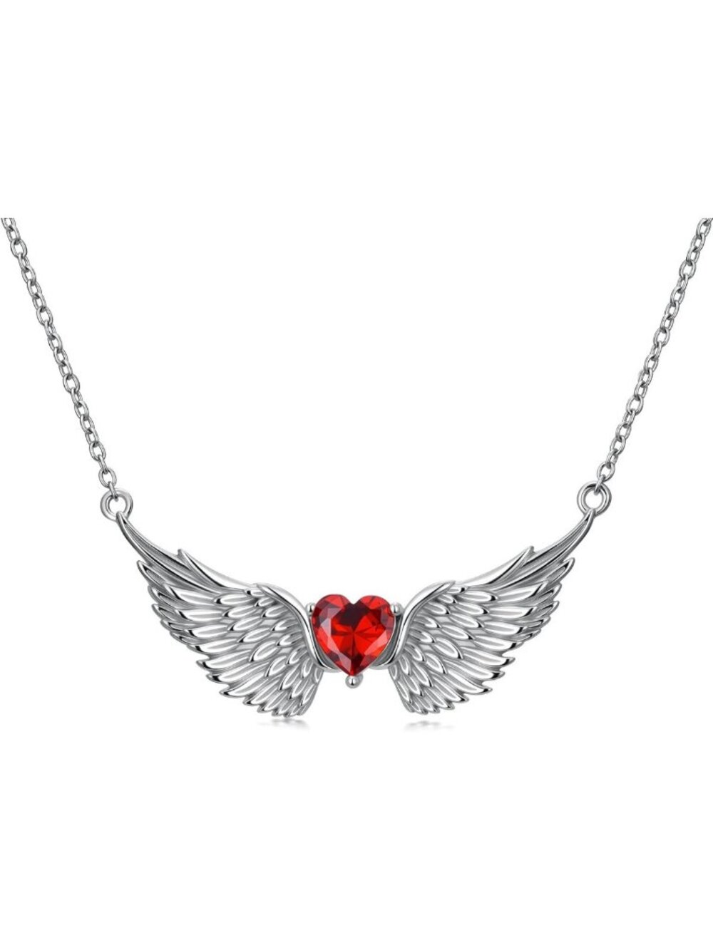 Garnet Heart Angel Wings Pendant Necklace in 925 Sterling Silver - Unique